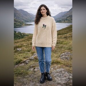Pure Wool Highland Home Industries  Cable Knit Sweater with Thistle Motif size L